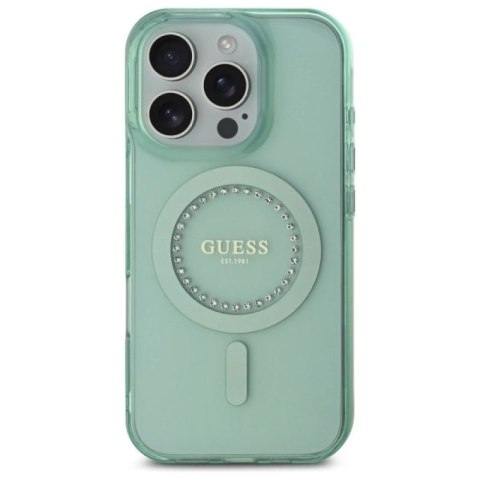 Etui Guess IML Rhinestones MagSafe na iPhone 16 Pro Max - zielone Guess