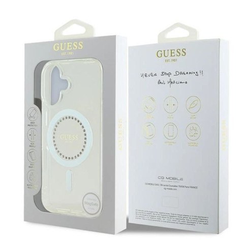 Etui Guess IML Rhinestones MagSafe na iPhone 16 - białe Guess
