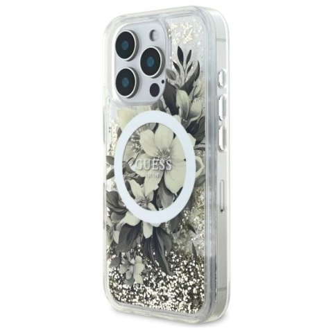 Etui Guess Liquid Glitter Flower MagSafe na iPhone 16 Pro - beżowe Guess