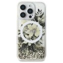 Etui Guess Liquid Glitter Flower MagSafe na iPhone 16 Pro - beżowe Guess