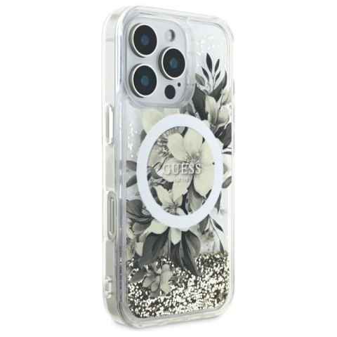 Etui Guess Liquid Glitter Flower MagSafe na iPhone 16 Pro - beżowe Guess