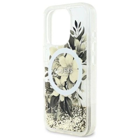 Etui Guess Liquid Glitter Flower MagSafe na iPhone 16 Pro - beżowe Guess