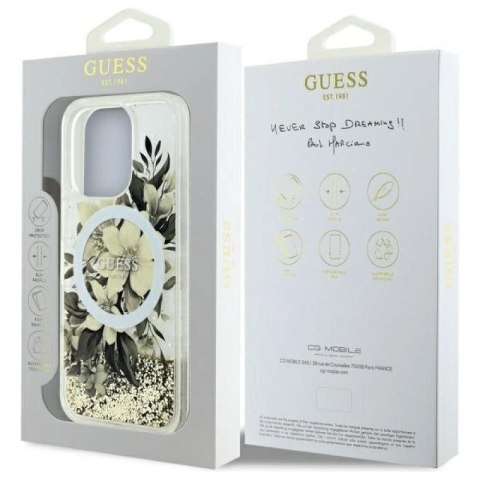 Etui Guess Liquid Glitter Flower MagSafe na iPhone 16 Pro - beżowe Guess