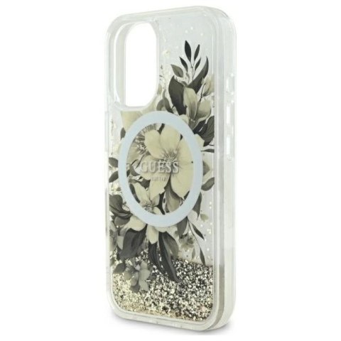 Etui Guess Liquid Glitter Flower MagSafe na iPhone 16 - beżowe Guess