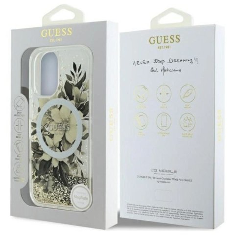 Etui Guess Liquid Glitter Flower MagSafe na iPhone 16 - beżowe Guess