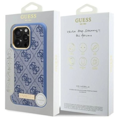 Etui Guess 4G Logo Plate MagSafe na iPhone 16 Pro Max - niebieskie Guess