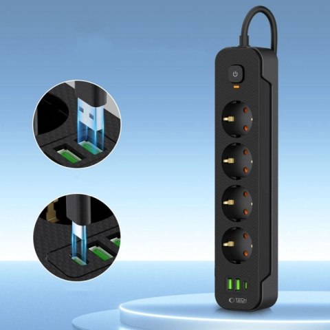 Listwa zasilająca Tech-Protect PCL4X3 4 gniazda 240V + 2xUSB-A + 1xUSB-C 200 cm - czarna