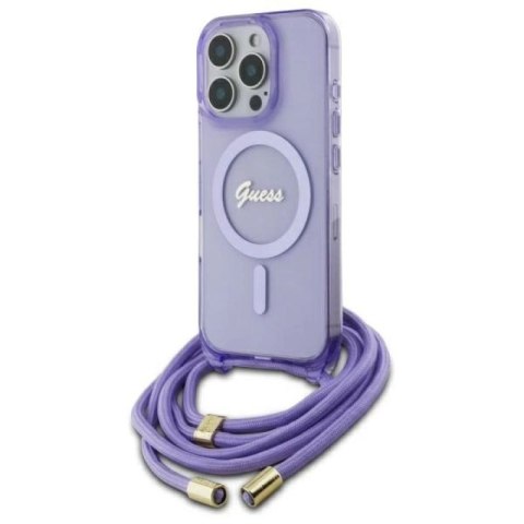Etui Guess Crossbody Cord Script MagSafe na iPhone 16 Pro Max - fioletowe Guess