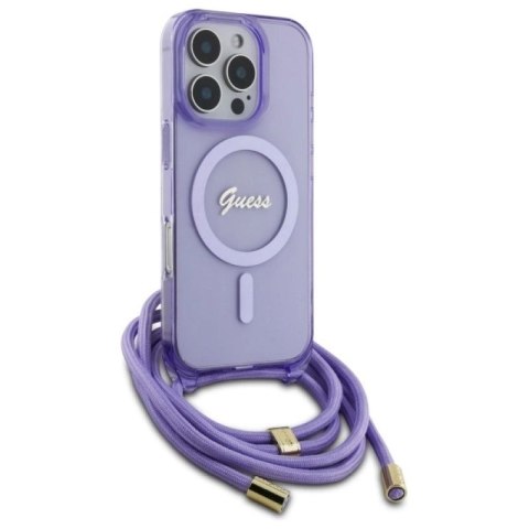 Etui Guess Crossbody Cord Script MagSafe na iPhone 16 Pro Max - fioletowe Guess