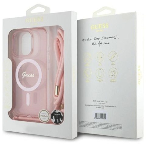 Etui Guess Crossbody Cord Script MagSafe na iPhone 16 Pro Max - różowe Guess