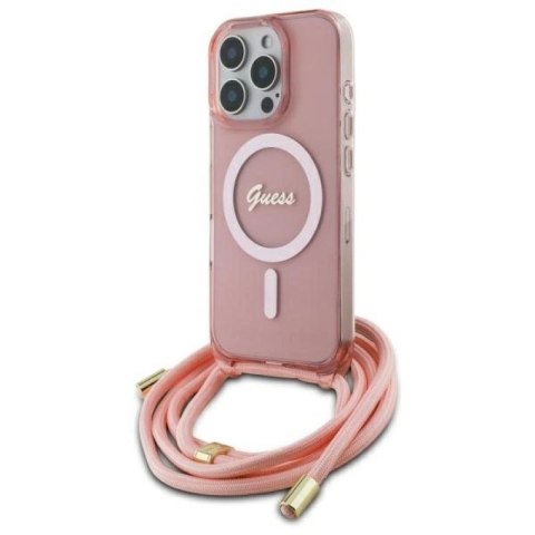 Etui Guess Crossbody Cord Script MagSafe na iPhone 16 Pro - różowe Guess