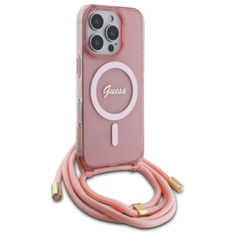 Etui Guess Crossbody Cord Script MagSafe na iPhone 16 Pro - różowe Guess