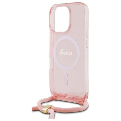 Etui Guess Crossbody Cord Script MagSafe na iPhone 16 Pro - różowe Guess