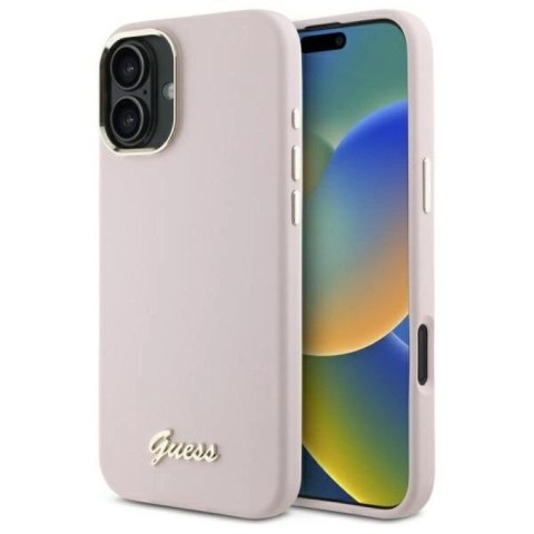Etui Guess Silicone Script Metal Logo & Frame na iPhone 16 Plus - różowe Guess