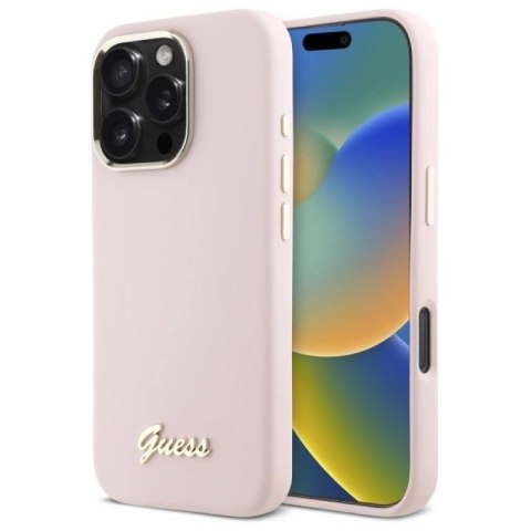 Etui Guess Silicone Script Metal Logo & Frame na iPhone 16 Pro - różowe Guess