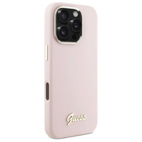 Etui Guess Silicone Script Metal Logo & Frame na iPhone 16 Pro - różowe Guess