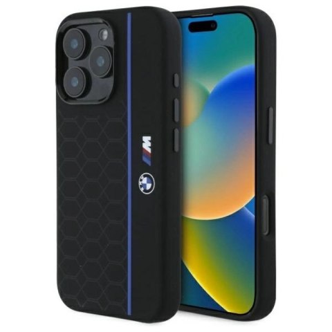 Etui BMW Silicone Hexagon Blue Line MagSafe na iPhone 16 Pro Max - czarne BMW