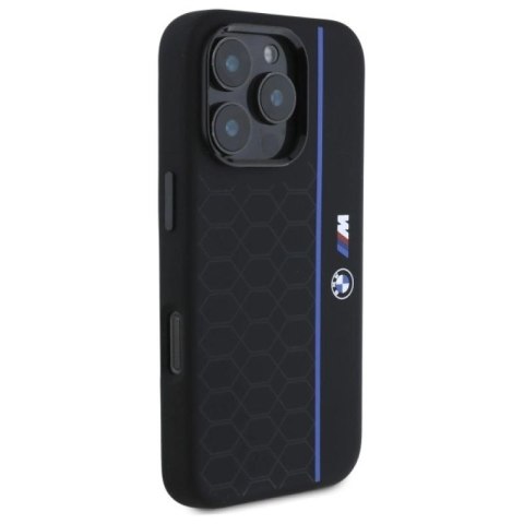 Etui BMW Silicone Hexagon Blue Line MagSafe na iPhone 16 Pro - czarne BMW