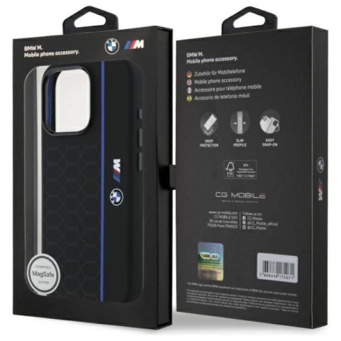 Etui BMW Silicone Hexagon Blue Line MagSafe na iPhone 16 Pro - czarne BMW