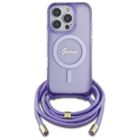 Etui Guess Crossbody Cord Script MagSafe na iPhone 16 Pro - fioletowe Guess