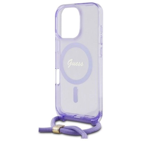 Etui Guess Crossbody Cord Script MagSafe na iPhone 16 Pro - fioletowe Guess