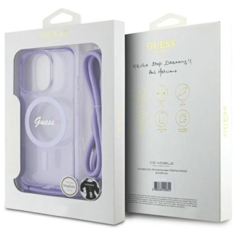 Etui Guess Crossbody Cord Script MagSafe na iPhone 16 Pro - fioletowe Guess