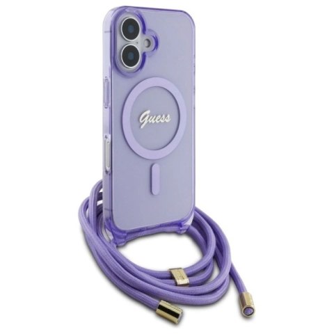 Etui Guess Crossbody Cord Script MagSafe na iPhone 16 - fioletowe Guess