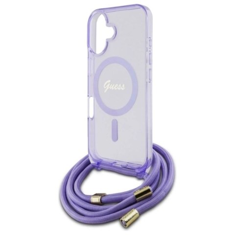 Etui Guess Crossbody Cord Script MagSafe na iPhone 16 - fioletowe Guess