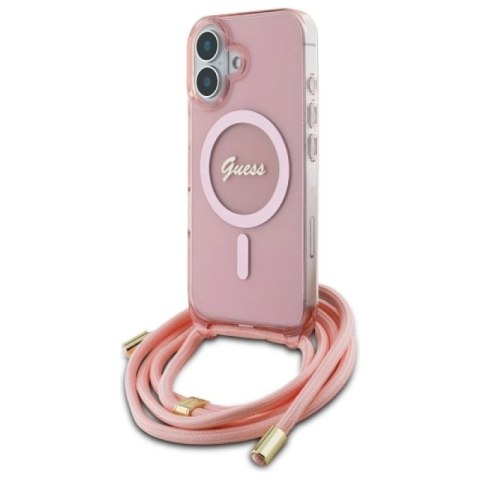 Etui Guess Crossbody Cord Script MagSafe na iPhone 16 - różowe Guess