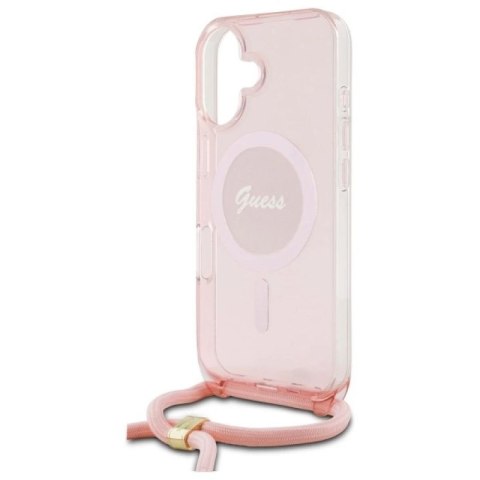 Etui Guess Crossbody Cord Script MagSafe na iPhone 16 - różowe Guess
