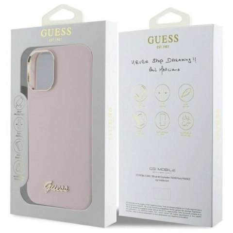 Etui Guess Silicone Script Metal Logo & Frame na iPhone 16 - różowe Guess