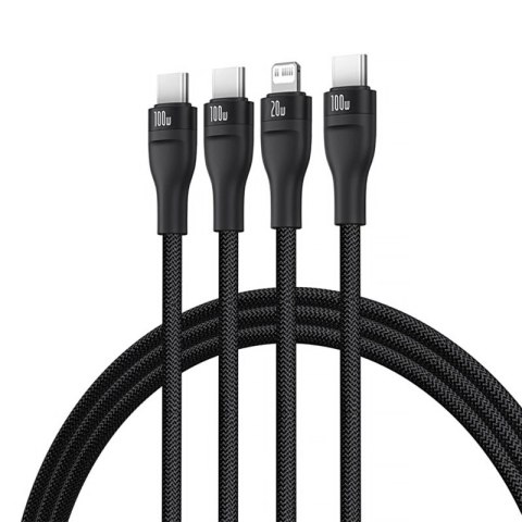 Kabel 3w1 Baseus Flash Series 3 100W USB-C - USB-C+USB-C+Lightning 1,5m + 3 x 0,25 m - czarny Baseus