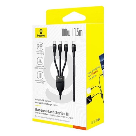 Kabel 3w1 Baseus Flash Series 3 100W USB-C - USB-C+USB-C+Lightning 1,5m + 3 x 0,25 m - czarny Baseus