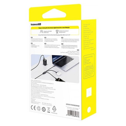 Kabel 3w1 Baseus Flash Series 3 100W USB-C - USB-C+USB-C+Lightning 1,5m + 3 x 0,25 m - czarny Baseus