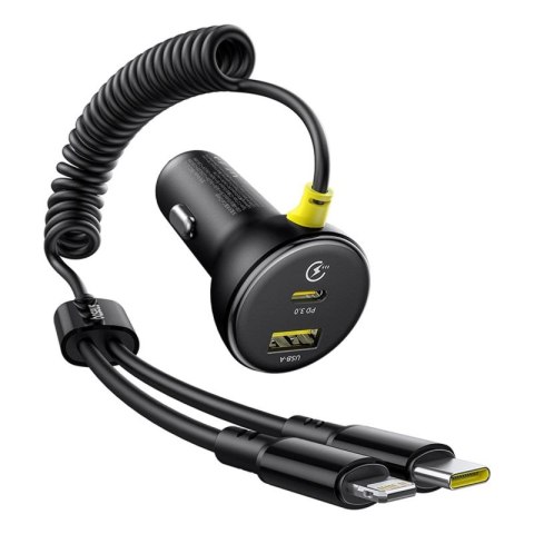 Ładowarka samochodowa Baseus Circular 60W USB-A + USB-C z wbudowanym kablem Lightning + USB-C 1,4 m - czarna Baseus