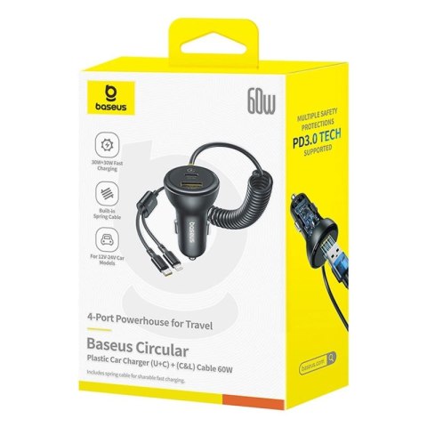 Ładowarka samochodowa Baseus Circular 60W USB-A + USB-C z wbudowanym kablem Lightning + USB-C 1,4 m - czarna Baseus