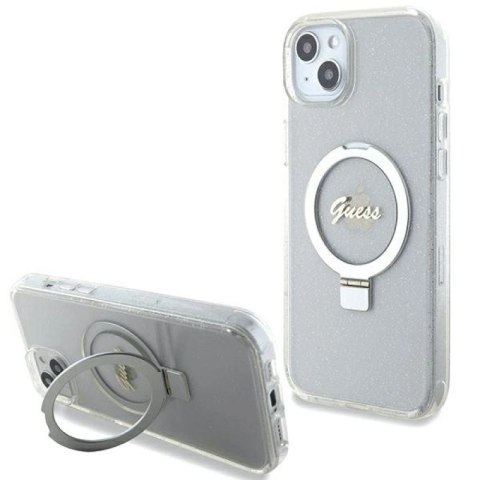 Etui Guess Ring Stand Script Glitter MagSafe na iPhone 15 Plus / 14 Plus 6.7" - przezroczyste Guess