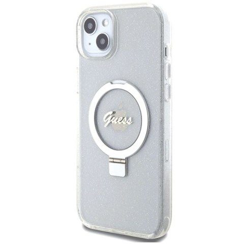Etui Guess Ring Stand Script Glitter MagSafe na iPhone 15 Plus / 14 Plus 6.7" - przezroczyste Guess