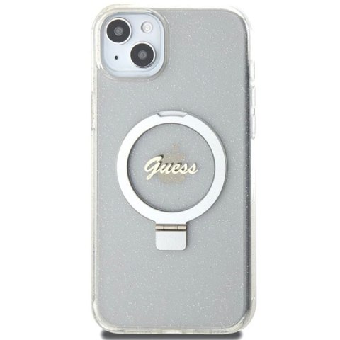 Etui Guess Ring Stand Script Glitter MagSafe na iPhone 15 Plus / 14 Plus 6.7" - przezroczyste Guess