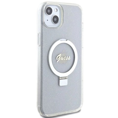 Etui Guess Ring Stand Script Glitter MagSafe na iPhone 15 Plus / 14 Plus 6.7" - przezroczyste Guess