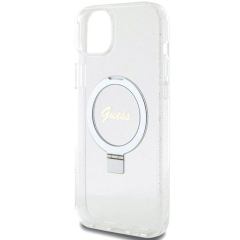 Etui Guess Ring Stand Script Glitter MagSafe na iPhone 15 Plus / 14 Plus 6.7" - przezroczyste Guess