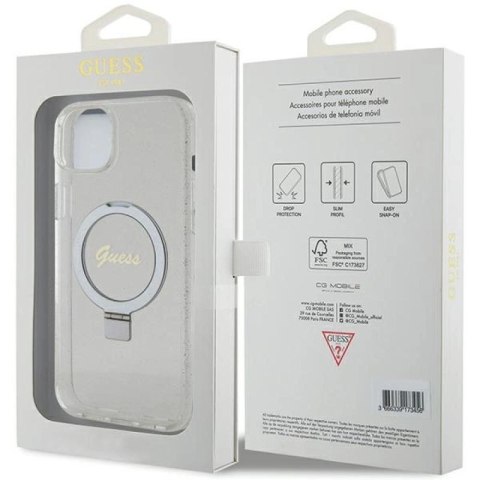 Etui Guess Ring Stand Script Glitter MagSafe na iPhone 15 Plus / 14 Plus 6.7" - przezroczyste Guess
