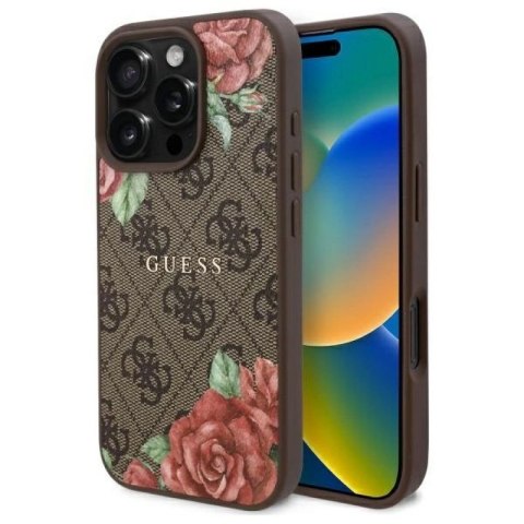 Etui Guess 4G Flowers Print MagSafe na iPhone 16 Pro 6.3" - brązowe Guess