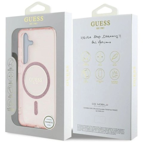 Etui Guess Glitter Circle Classic Logo MagSafe do Samsung Galaxy S25 różowy Guess