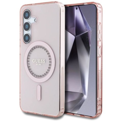 Etui Guess Rhinestones Printed Classic Logo MagSafe Samsung Galaxy S25 różowy Guess