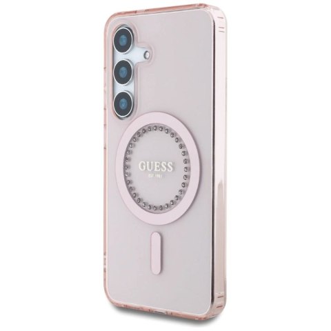 Etui Guess Rhinestones Printed Classic Logo MagSafe Samsung Galaxy S25 różowy Guess