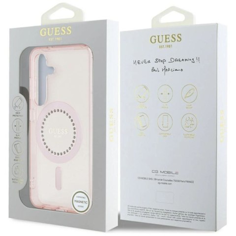 Etui Guess Rhinestones Printed Classic Logo MagSafe Samsung Galaxy S25 różowy Guess
