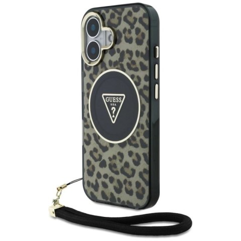 Etui Guess HC IML Leopard Triangle Cord Strap MagSafe do iPhone 16 - brązowe Guess