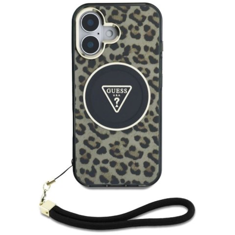 Etui Guess HC IML Leopard Triangle Cord Strap MagSafe do iPhone 16 - brązowe Guess