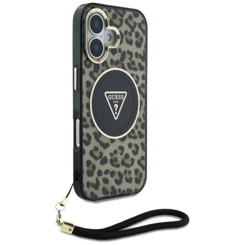 Etui Guess HC IML Leopard Triangle Cord Strap MagSafe do iPhone 16 - brązowe Guess